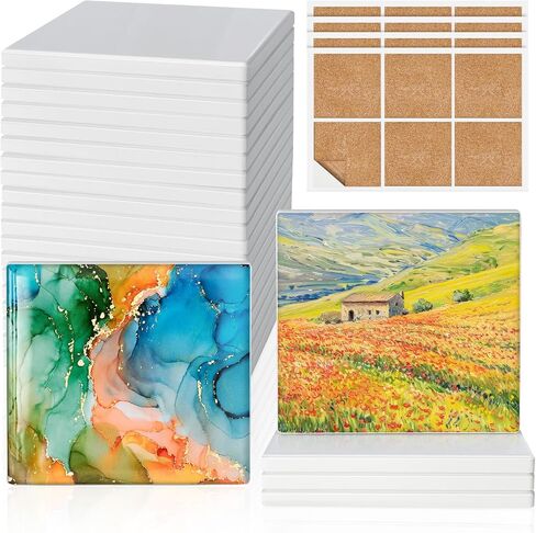 Ceramic Tiles for Crafts, GOH DODD 24 Pack Glossy Glazed Blanks White Coasters with Unglazed Side and 24 Cork Backing Pads for Alcohol Ink, Painting, Sublimation, Heat Transfer, Square, 4 Inch in Kuwait