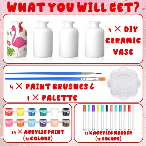Singhoow 4 Set Paint Your Own Porcelain Vases Paint Vase Art Craft Project White Ceramic Vases Painting Kit for Adults Porcelain Vase Decorating Kit with Art Supplies for Adults DIY Craft Home Decor in Kuwait
