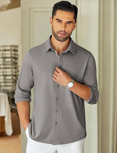COOFANDY Mens Long Sleeve Button Dwon Knit Shirt Jackets Causal Lightweight Overshirts Stretch Shirts Shackets in Saudi Arabia