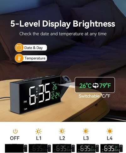 Netzu Projection Clock for Bedroom Ceiling, Alarm Clocks with 350° Rotatable Projector, Date Temperature and Weekday, Manual DST, 5 Brightness, 10 Ringtones, 4 Volumes and Snooze in Kuwait