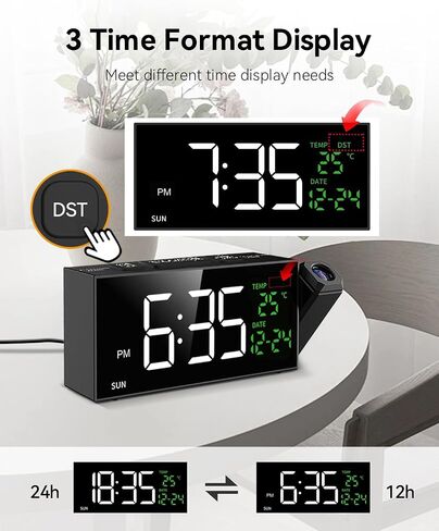 Netzu Projection Clock for Bedroom Ceiling, Alarm Clocks with 350° Rotatable Projector, Date Temperature and Weekday, Manual DST, 5 Brightness, 10 Ringtones, 4 Volumes and Snooze in Kuwait