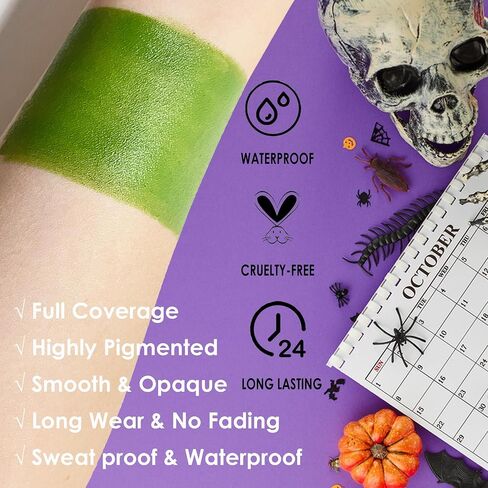SUNNYVALE Halloween Green Face Body Paint Stick، عين خضراء فاتحة سوداء للرياضة، أساس ليموني لـ Goblin Hulk Shrek Gamora Wicked Witch Hunting Camo Cosplay زي مكياج in Saudi Arabia