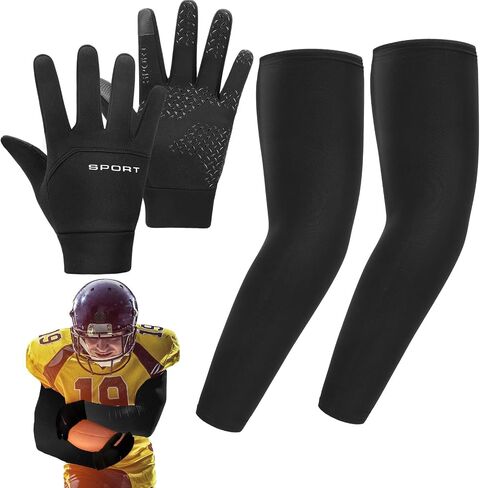 2 Sets Youth Football Gloves and Arm Sleeves Grip Winter Warm Touchscreen Gloves Compression Football Arm Sleeves Thermal Windproof Youth for Gloves Men Football Cycling Outdoor Sports in Saudi Arabia