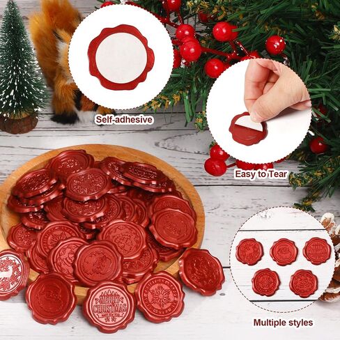 Dianelhall 50 Pcs Christmas Wax Seal Stickers Vintage Envelope Seal Stickers Embossed Christmas Wedding Sticker Roses Snowflake Stickers Self Adhesive Wax Seals for Wedding(Wine Red) in Kuwait