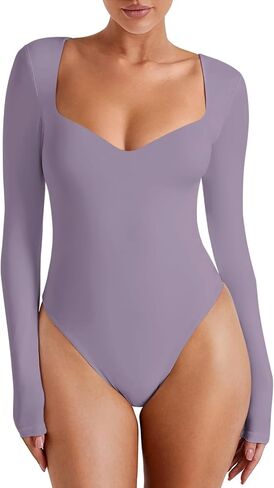 REORIA Womens Trendy Sexy Sweetheart Neck Double Lined Layering Long Sleeve Body Suit Going Out Bodysuits Tops in Kuwait