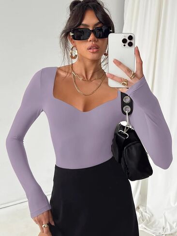 REORIA Womens Trendy Sexy Sweetheart Neck Double Lined Layering Long Sleeve Body Suit Going Out Bodysuits Tops in Kuwait