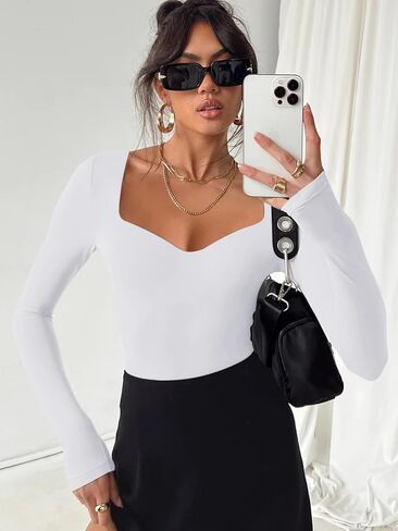 REORIA Womens Trendy Sexy Sweetheart Neck Double Lined Layering Long Sleeve Body Suit Going Out Bodysuits Tops in Kuwait