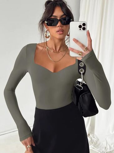 REORIA Womens Trendy Sexy Sweetheart Neck Double Lined Layering Long Sleeve Body Suit Going Out Bodysuits Tops in Kuwait