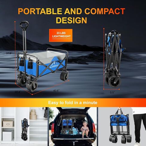 Collapsible Folding Beach Wagon Cart, Utility Large Capacity Cart Foldable Wagon with All Terrain Wheels, Grocery Wagon Cart for Garden Shopping Sports Camping, Black in Kuwait