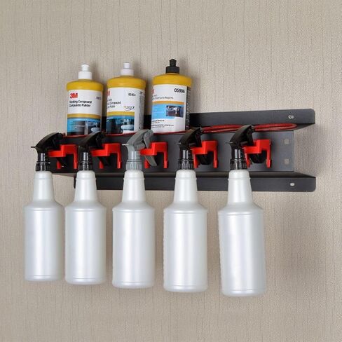 Spray Bottle Storage Rack, Wall-Mounted Spray Bottle Rack Holder, Garage Organizer Hanging Rail Car Beauty Shop Accessory Display Auto Cleaning Detailing Tools Hanger with 5 Plastic Hanging Hooks in Saudi Arabia