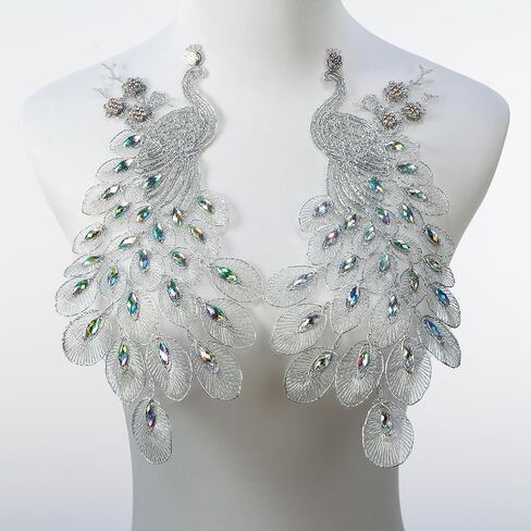 Pair Embroidered Beaded Pearl Peacock Fabric Colorful Rhinestones Applique, Handmade Sewing Tool for Wedding Dress Gown Bodice Costume Clothing Craft DIY (Gold) in Kuwait
