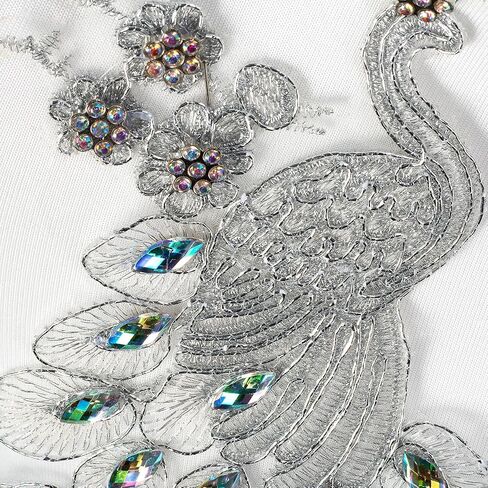 Pair Embroidered Beaded Pearl Peacock Fabric Colorful Rhinestones Applique, Handmade Sewing Tool for Wedding Dress Gown Bodice Costume Clothing Craft DIY (Gold) in Kuwait