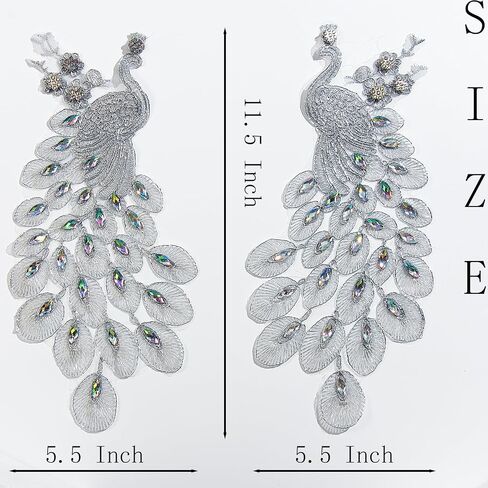 Pair Embroidered Beaded Pearl Peacock Fabric Colorful Rhinestones Applique, Handmade Sewing Tool for Wedding Dress Gown Bodice Costume Clothing Craft DIY (Gold) in Kuwait