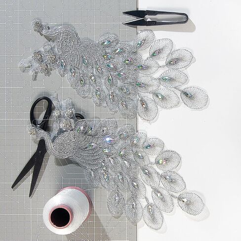 Pair Embroidered Beaded Pearl Peacock Fabric Colorful Rhinestones Applique, Handmade Sewing Tool for Wedding Dress Gown Bodice Costume Clothing Craft DIY (Gold) in Kuwait