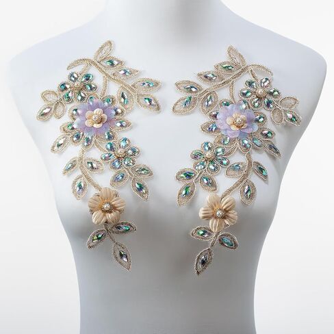 Pair Embroidered Beaded Pearl Peacock Fabric Colorful Rhinestones Applique, Handmade Sewing Tool for Wedding Dress Gown Bodice Costume Clothing Craft DIY (Gold) in Kuwait