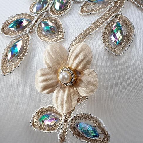 Pair Embroidered Beaded Pearl Peacock Fabric Colorful Rhinestones Applique, Handmade Sewing Tool for Wedding Dress Gown Bodice Costume Clothing Craft DIY (Gold) in Kuwait