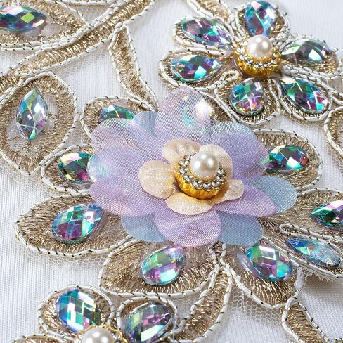 Pair Embroidered Beaded Pearl Peacock Fabric Colorful Rhinestones Applique, Handmade Sewing Tool for Wedding Dress Gown Bodice Costume Clothing Craft DIY (Gold) in Kuwait