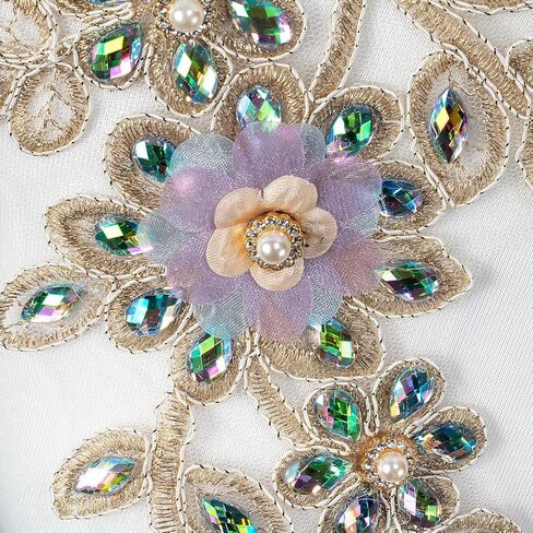 Pair Embroidered Beaded Pearl Peacock Fabric Colorful Rhinestones Applique, Handmade Sewing Tool for Wedding Dress Gown Bodice Costume Clothing Craft DIY (Gold) in Kuwait