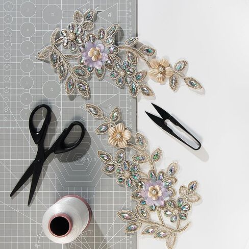 Pair Embroidered Beaded Pearl Peacock Fabric Colorful Rhinestones Applique, Handmade Sewing Tool for Wedding Dress Gown Bodice Costume Clothing Craft DIY (Gold) in Kuwait