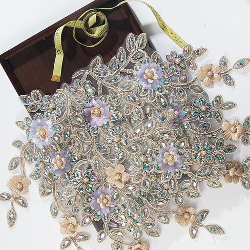 Pair Embroidered Beaded Pearl Peacock Fabric Colorful Rhinestones Applique, Handmade Sewing Tool for Wedding Dress Gown Bodice Costume Clothing Craft DIY (Gold) in Kuwait