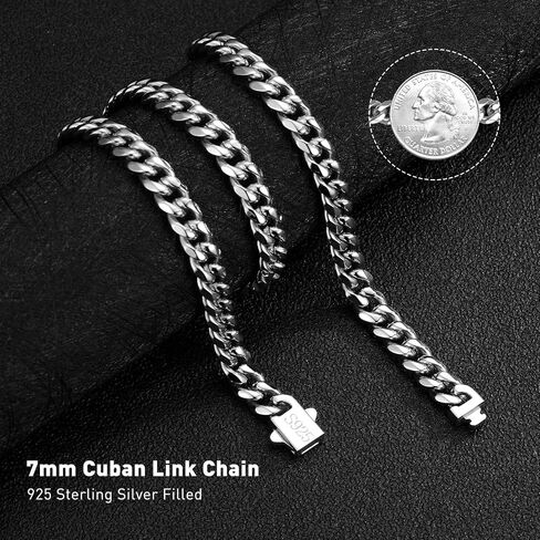 Cuban Link Chain for Men 7mm Silver Chain for Men Miami Cuban Mens Silver Chain,925 Sterling Silver Plated and 316L Stainless Steel 20/22/24/26/28/30 Inches Silver Chain for Men Necklace in Saudi Arabia