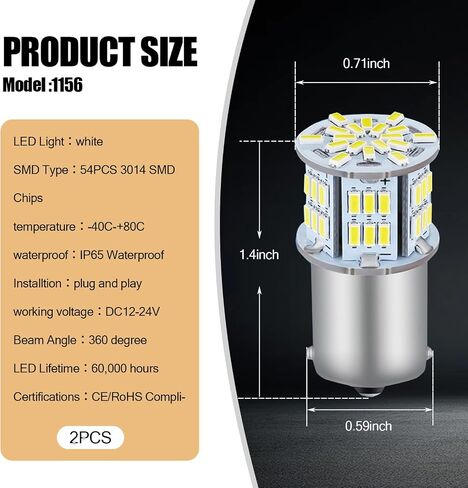 2 Pack 1156 Car LED Turn Signal Light Bulb, Single Contact Design, Super Bright Waterproof Vehicle Lighting Accessory, Universal 1141 1003 7506 BA15S Automotive Bulb Replacement (White Light) in Saudi Arabia