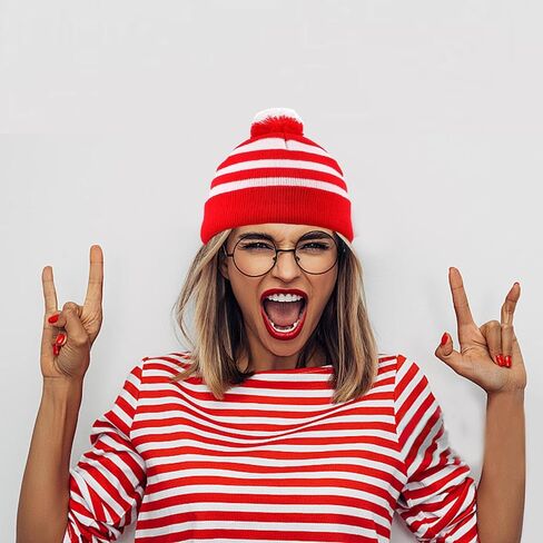 Winter Beanie Hat Adult Knit Hat Red White Pom Pom Beanie Hats and Glasses Costume for Women and Men in Saudi Arabia