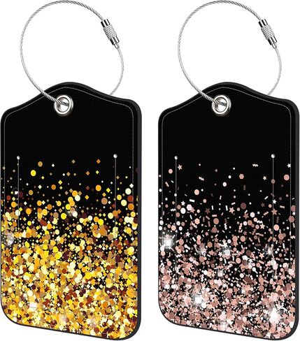Luggage Tags for Suitcase Gold Glitter 2 PCS Leather Travel Luggage Tag with Stainless Steel Loop Name ID Label Privacy Cover for Women Men Travel in Saudi Arabia