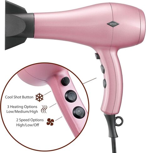 NITION Negative Ions Ceramic Hair Dryer with Diffuser Attachment,Ionic Blow Dryer Quick Drying,1875 Watt 2 Speed / 3 Heat Settings,Cool Shot Button,Lightweight,Rose Pink in Saudi Arabia