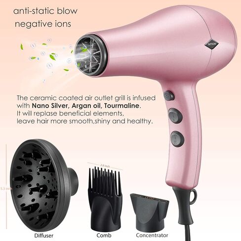NITION Negative Ions Ceramic Hair Dryer with Diffuser Attachment,Ionic Blow Dryer Quick Drying,1875 Watt 2 Speed / 3 Heat Settings,Cool Shot Button,Lightweight,Rose Pink in Saudi Arabia