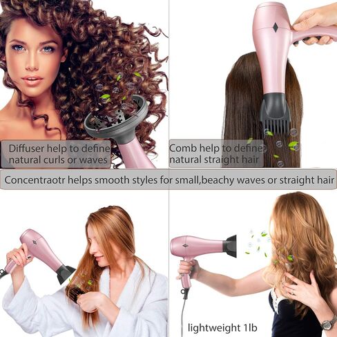 NITION Negative Ions Ceramic Hair Dryer with Diffuser Attachment,Ionic Blow Dryer Quick Drying,1875 Watt 2 Speed / 3 Heat Settings,Cool Shot Button,Lightweight,Rose Pink in Saudi Arabia