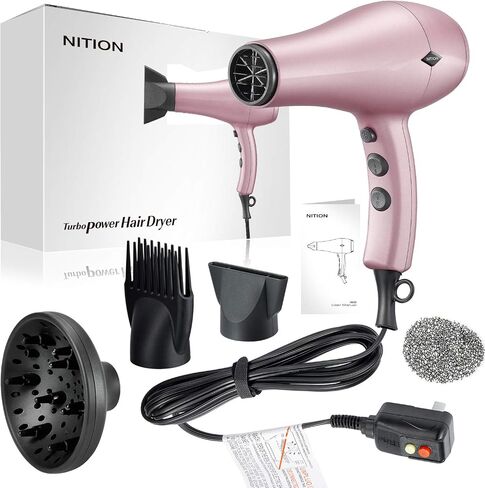 NITION Negative Ions Ceramic Hair Dryer with Diffuser Attachment,Ionic Blow Dryer Quick Drying,1875 Watt 2 Speed / 3 Heat Settings,Cool Shot Button,Lightweight,Rose Pink in Saudi Arabia