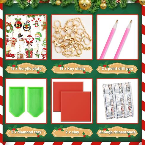 16Pcs Christmas Diamond Art Painting Keychain Kits 5D DIY Diamond Key Chain Hanging Ornaments Christmas Gift Tags Tree Decor Handmade Xmas Diamond Art Pendants for Holiday Festival Wrapping in Saudi Arabia