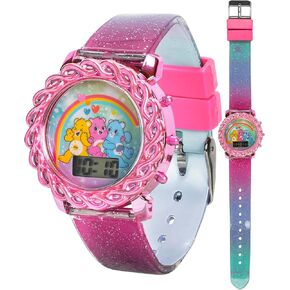 Care Bears Kids LCD Watch with Glitter Gradient Strap, Flashing Iridescent Bezel, Fun Digital Display, Ideal for Learning Time, Adjustable Strap, Pink and Green Design