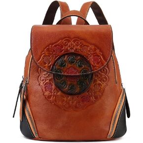 Small Genuine Leather Backpack Purse for Women Fashion Vintage Embossed Totem Backpack Brown