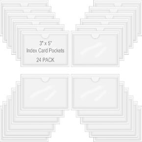 24 Pack Self-Adhesive Index Card Pockets for 3" x 5" Card,Clear Plastic Labels Holders with Top Open for Loading, Storage Bins, Library and Bins