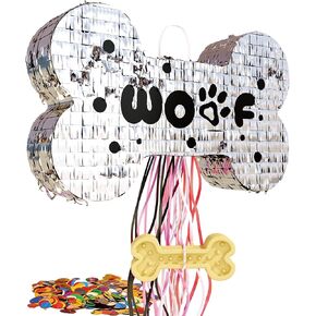 Dog Bone Pinata for Puppy Birthday Party Decorations, Pull String Pinata for Dog Themed Party Supplies, Silver Bones (16 x 10 x 3 inches)