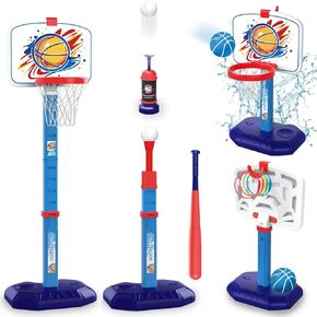 5-in-1 Kids Basketball Hoop T Ball Set Ring Toss Game, 2.5-4.6ft Adjustable 10 Heights Pool Basketball Hoop Set Tee Ball Stand & Ball Launcher Indoor/Outdoor Sport Toys for Kids 3-5 5-8 Blue