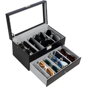 GUKA 2-layer Sunglasses Storage Organizer, 12 Slots Leather Sunglass Box Multiple Pairs Eyeglass Display Case for Women Men, Gift Idea (Black+Grey)