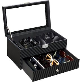 GUKA 2-layer Sunglasses Storage Organizer, 12 Slots Leather Sunglass Box Multiple Pairs Eyeglass Display Case for Women Men, Gift Idea (Black+Grey)
