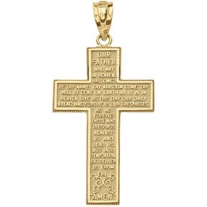 Solid 14k Yellow Gold Our Father Lord's Prayer Cross Pendant