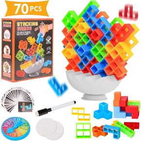 3D Tetra Balance Tower Stacking Game for Adults & Kids, 70pcs Stack Attack Blocks Board Game for 2-6 Players, Party, Travel, Team Building Games, Toys Gifts for Families, Friends, Boys Girls