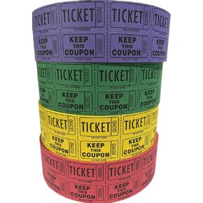 The Ticket Gurus Raffle Tickets - (4 Rolls of 2000 Double Tickets) 8,000 Total 50/50 Raffle Tickets (Yellow/Green/Red/Purple)