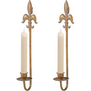 Candle Sconces Wall Decor Set of 2, Fleur De Lis Wrought Iron Candle Holder Wall Decor, Rustic Wall Mounted Candle Holders Hanging for Living Room Farmhouse Fireplace Wedding （Antique Copper）
