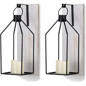 Candle Sconces Wall Decor Set of 2: Farmhouse Wood Candle Holder - Indoor Black Metal Lantern Decorations for Living Room Front Porch Yard, Washwhite