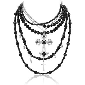 KURTCB Layered Gothic Cross Necklace Goth Grunge Emo Black Chain Beaded Choker Necklace for Women Men