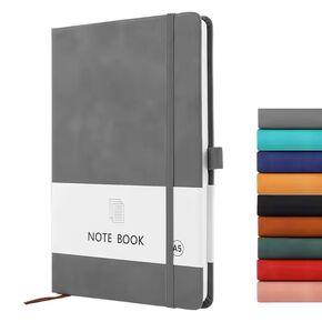 JL's EMPORIUM Classic A5 notebook with wide rules, this notebooks contains 200 pages, an elastic band closure and a side band for a pen, hardcover leather journal for writing GREY