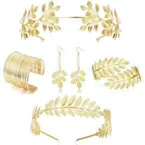 5 Pcs Greek Goddess Costume Accessories Set for Women Gold Laurel Leaf Crown Headband Upper Arm Cuff Coil Bracelet Pearl Dangle Earring Bridal Wedding Headpiece Toga Costume Jewelry