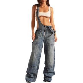 Women Denim Cargo Bib Overalls Adjustable Strap Baggy Straight Wide Leg Jean Jumpsuits Pants Loose Rompers Outfits