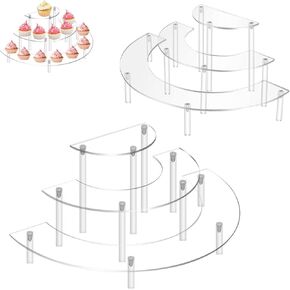 2 Pcs Acrylic 3-Tier Half Moon Dessert Stand, Clear Risers for Cupcakes, Cosmetics, and Collectibles - Easy to Assemble, Versatile Display for Parties and Home Decor